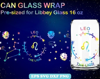 Leo the Lion Svg Wrap for Can Glass 16oz, Can Shaped, Zodiac Libbey Glass, Leo Zodiac Sign Full Wrap, Zodiac Horoscope Sign Cricut