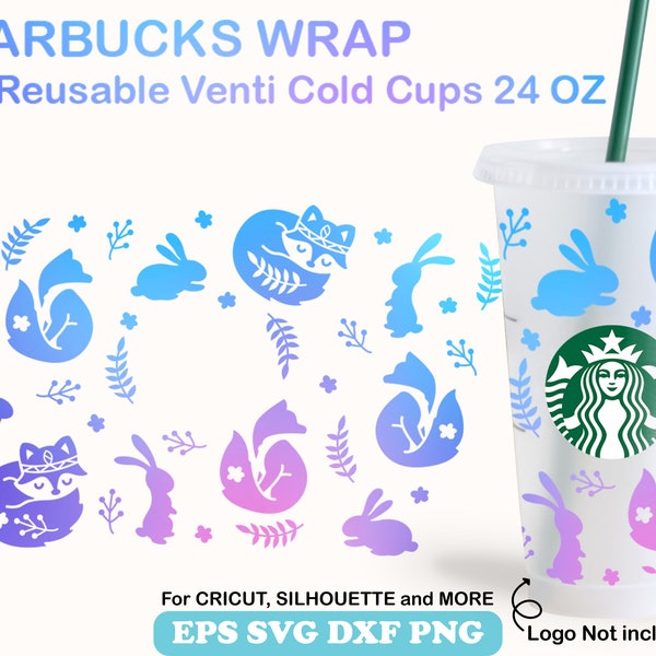 Cute Fox Starbucks Cups for Venti Cold Cup 24 OZ, Kawaii Fox in a Cup Pattern Starbucks Wrap SVG Scandinavian Folk Clipart Cricut Silhouette