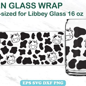 Cute Cow Can Glass 16oz Can Shaped, Kawaii Cow Wrap for Can Glass, Cow Pattern Libbey Glass SVG, Animal Cut File Cricut Silhouette