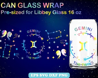Gemini the Twins Svg Wrap for Can Glass 16oz, Can Shaped, Zodiac Libbey Glass, Gemini Zodiac Sign Full Wrap, Zodiac Horoscope Sign Cricut