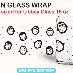 Lindo pingüino canla de vidrio 16oz en forma de lata, envoltura de patrón de pingüino kawaii para vidrio de lata, patrón animal Libbey Glass SVG Cricut Silhouette