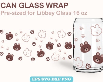 May include: A digital design for a 16 ounce can glass wrap featuring a repeating pattern of brown bears, white rabbits, and brown paw prints. The text "CAN GLASS WRAP" and "Pre-sized for Libbey Glass 16 oz" is at the top of the image. The text "EPS SVG DXF PNG" is at the bottom of the image.
