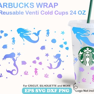 Puede incluir: Un diseño digital para una taza fría reutilizable de Starbucks con una sirena, caballitos de mar y estrellas de mar en tonos azules y morados. El diseño es para una taza de 24 onzas e incluye el texto "STARBUCKS WRAP" y "Para tazas frías Venti reutilizables 24 OZ".