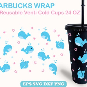 Cute Whale Starbucks Cups No Hole for Venti Cold Cup 24 OZ, Kawaii Whale Paw Starbucks Wrap SVG, Ocean Clipart Cut File Cricut Silhouette