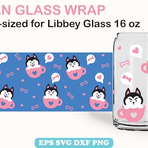 Mignon Sibérien Husky Can Glass 16oz, Can Shaped Glass Wrap SVG, Kawaii Dog Pattern Wrap pour Libbey Glass, Animal PNG, Fichier coupé pour Cricut