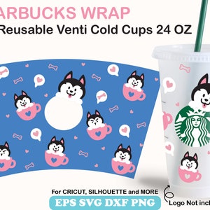 Cute Husky Starbucks Cups for Venti Cold Cup 24 OZ, Kawaii Siberian Husky in a Cup Pattern Starbucks Wrap SVG, Dog Clipart Cricut Silhouette