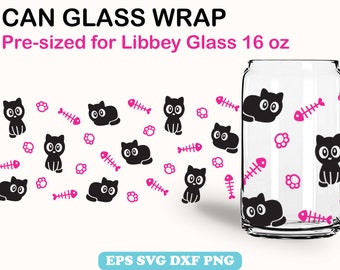 Słodki czarny kot puszka szklana 16oz, opakowanie szklane w kształcie puszki SVG, wzór kotka kawaii opakowanie na szkło Libbey, zwierzę PNG, plik do cięcia dla Cricut