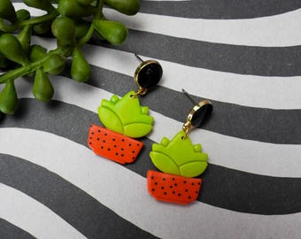 Pendientes de maceta, colgantes de arcilla polimérica con forma de planta de interior – Potted Cuties Desert Sprout
