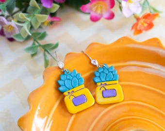 Pendientes de maceta, hechos a mano con plantas de interior de arcilla polimérica – Potted Cuties Sunny Sprout