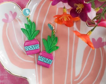 Pendientes de maceta, joyería colgante de arcilla polimérica hecha a mano – Potted Cuties Playful Sprout