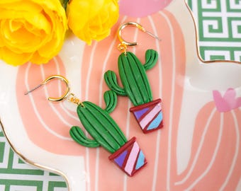 Pendientes de maceta, pendientes colgantes de cactus de arcilla polimérica hechos a mano – Potted Cuties Prickly Sprout