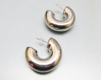 Vintage  Silver Plated Chunky Hoop Pierced Earrings, 1.25 Inch High, 3/8ths Inch Wide