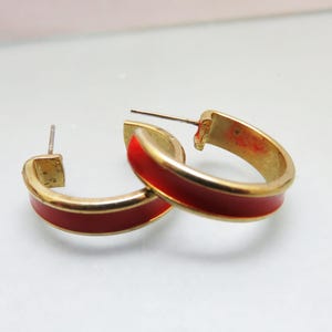 1970s Cherry Red Enameled Metal Hoop Earrings, Vintage Classic Pierced Earrings