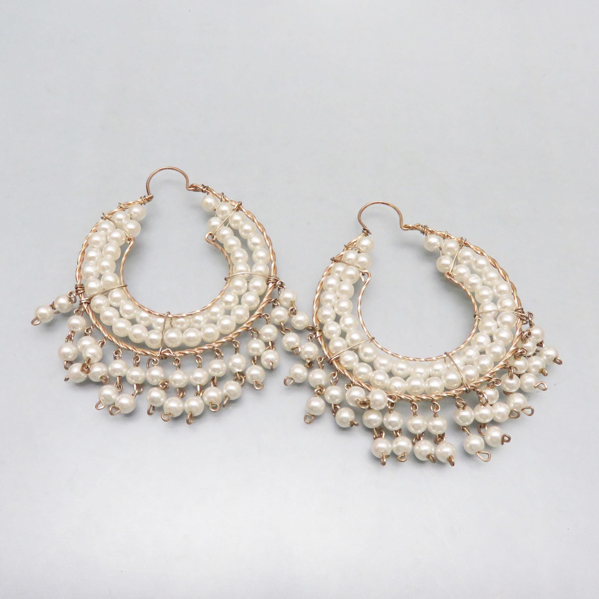 Vintage Faux Pearl Hoop Earrings: Bridal Fringe Earrings