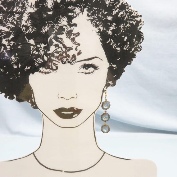 Moonstone Rhinestone Dangle Earrings, Vintage Pie… - image 5