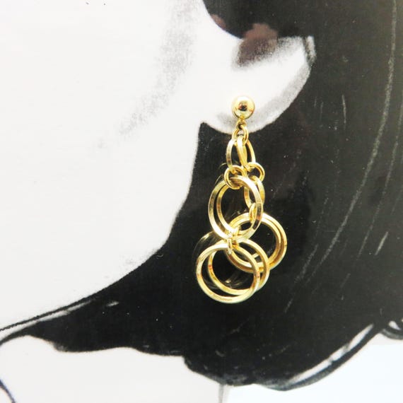 Vintage Gold Plated Ring Dangle Earrings - image 3