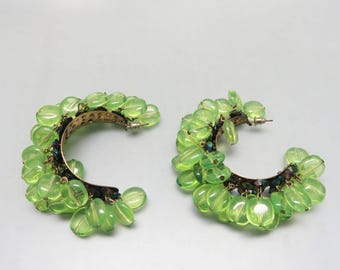 Vintage Peridot Green Beaded Hoop Earrings - 2 3/4 Inches