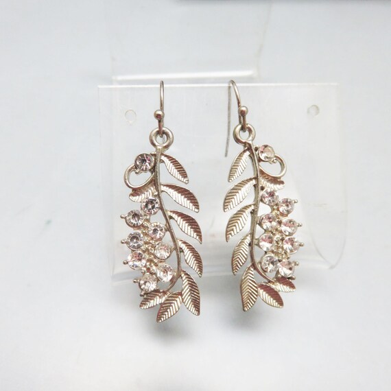 Vintage Rhinestone Leafy Branch Pierced Earrings