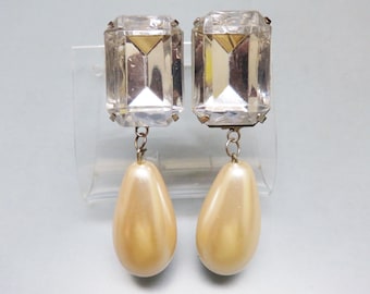 Wedding Style Pierced Earrings, Huge Rhinestone and Faux Pearls