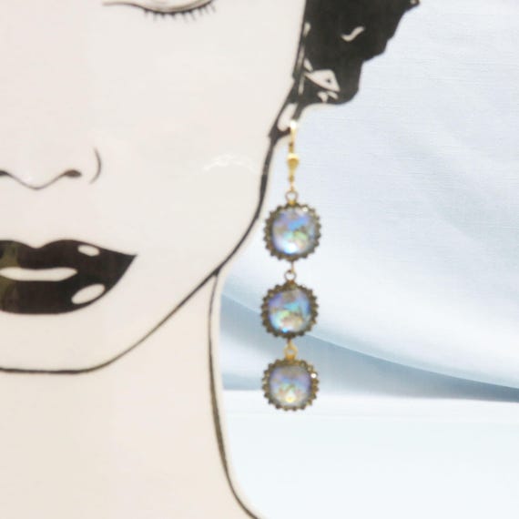 Moonstone Rhinestone Dangle Earrings, Vintage Pie… - image 4