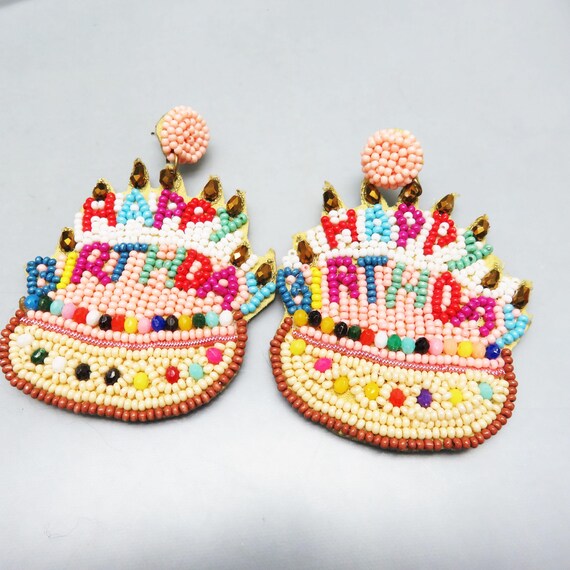 Handmade HAPPY BIRTHDAY Hand Beaded Pierced Earrings from the 1980s