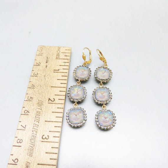 Moonstone Rhinestone Dangle Earrings, Vintage Pie… - image 6