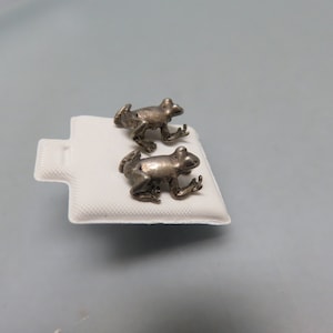 May include: A pair of silver frog earrings on a white display card.