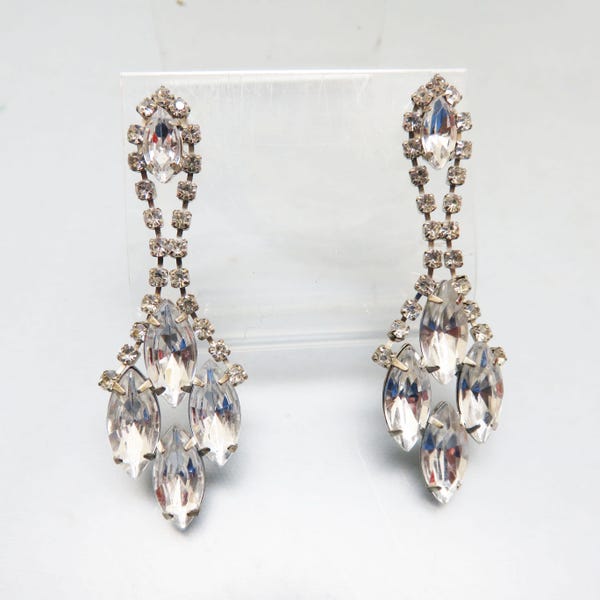 Art Deco Style Rhinestone Earrings, Vintage Clear Rhinestone Pierced Style Dangles