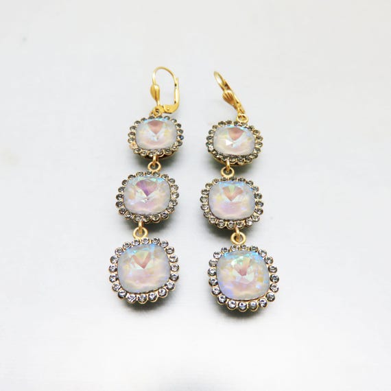 Moonstone Rhinestone Dangle Earrings, Vintage Pie… - image 1