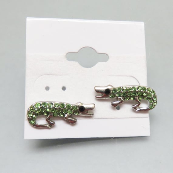 Tiny Green Rhinestone Alligator Stud Earrings, Vi… - image 1