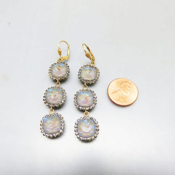 Moonstone Rhinestone Dangle Earrings, Vintage Pie… - image 3