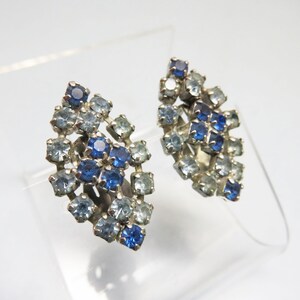 Blue and Powder Blue Rhinestone Clip Earrings In Silver Tone Metal, Vintage Clip On Earrings
