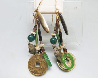 1990s French hook Charm Pierced Earrings, Brass Metal