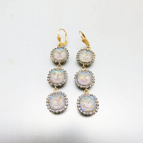 Moonstone Rhinestone Dangle Earrings, Vintage Pie… - image 2