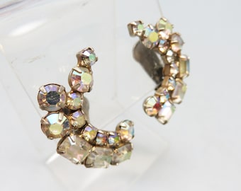 Aurora Borealis Rhinestone Clip Earrings: 1960s Vintage Silvertone