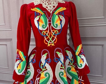 Vintage 1980s/1990s Red Velvet Irish Dancing Dress with Hand Embroidery of  Celtic Phoenix Bird and Crochet Collar