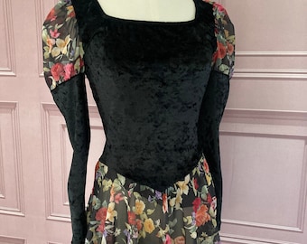 Genuine Vintage 1980s Daneskin Black Velvet and Dreamy Floral Ice Figure Skating Dress