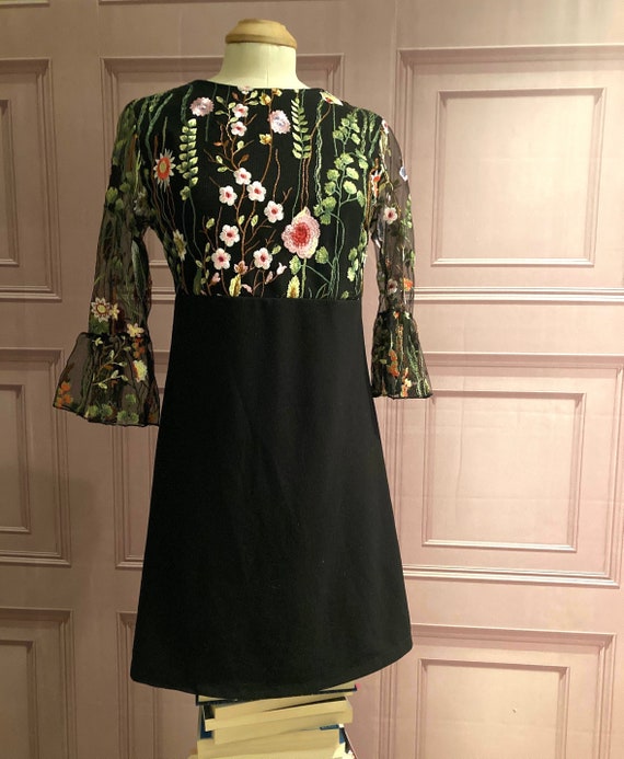 Vintage Retro Black Floral Embroidered 1960's/1990's Mod Shift Dress (extra  Small/small) - Etsy