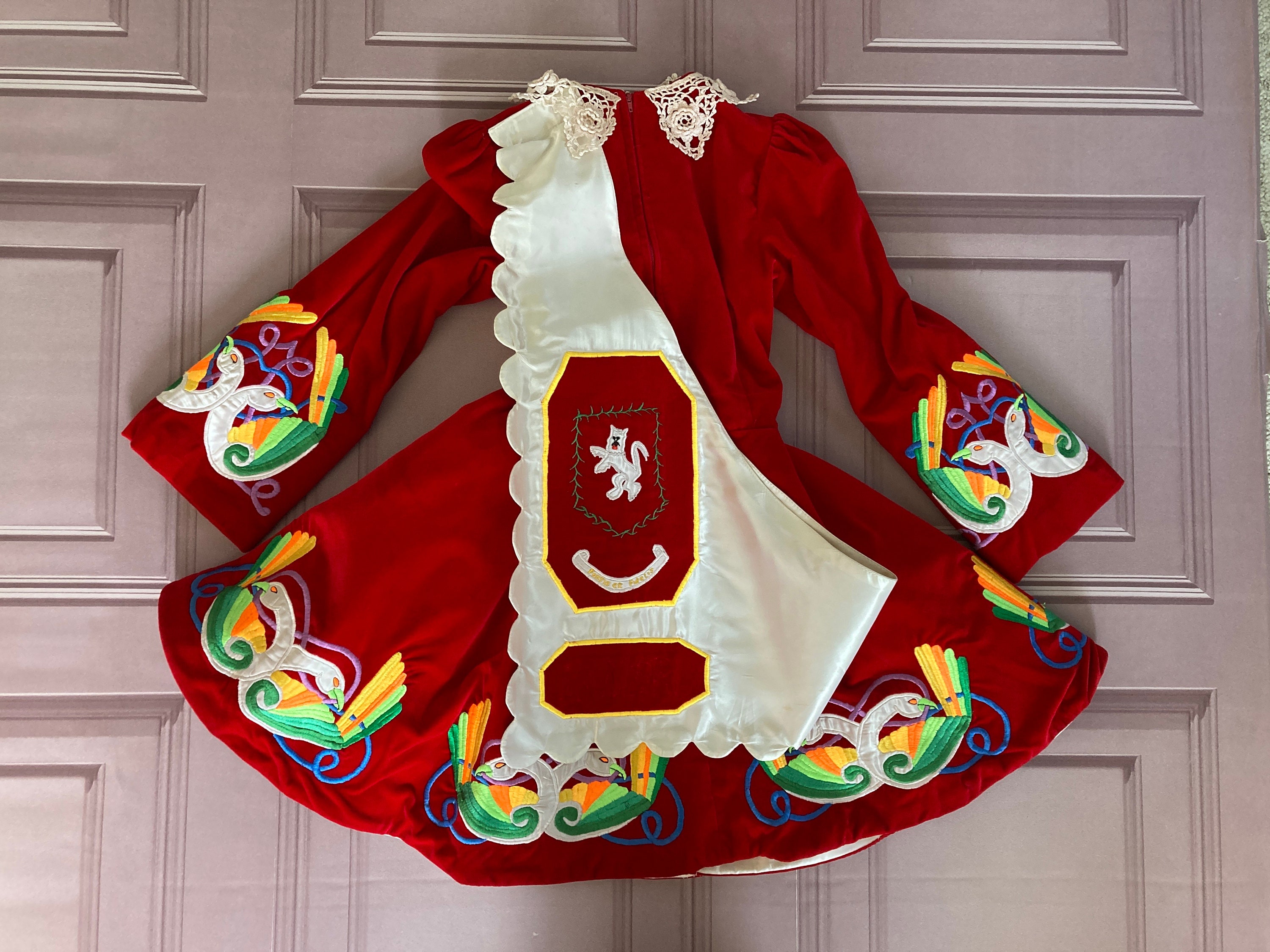 irish dance dress embroidery designs Vintage Red Velvet Irish Dance Dress, Hand Embroidered Celtic Phoenix