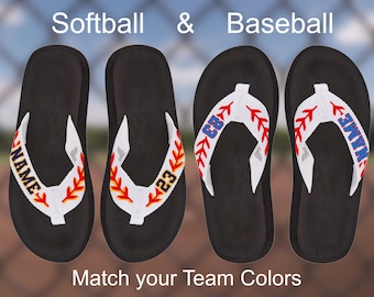 Baseball & Softball Flip Flops Personalized. Customize with your choice of Name/Team/Number and Colors. Choose Baseball, Softball or Both.