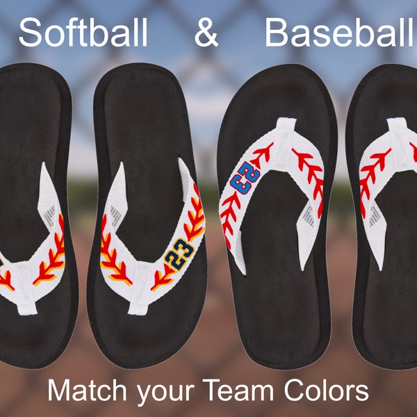 Baseball & Softball Flip Flops Personalized. Customize with your choice of Name/Team/Number and Colors. Choose Baseball, Softball or Both.