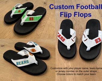 Football Flip Flops. Personalized Football Flip Flops. 3 Designs + Customize with your choice of Name/Team/Number and Colors.