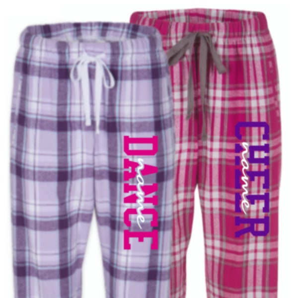 Personalized Dance or Cheer Flannel Plaid PJ Pants. Customize with your choice of colors and name. Comfy Pajama Lounge Pants