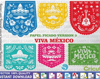 May include: Five colorful paper cutouts with traditional Mexican designs. The designs include a sombrero, a guitar, and the words "Viva Mexico".