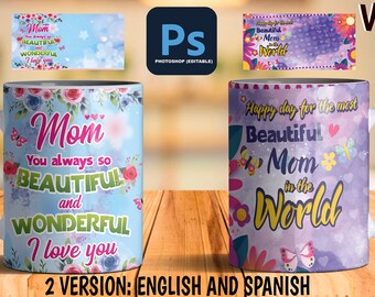 Mother's day Mug design - beautiful mom in the world - Mom beautiful and wonderful - Digital file Editable Mug PSD - Mother 2x1 Vol.4