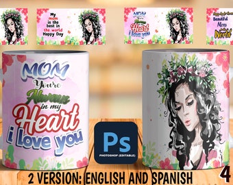 Mother's day Mug design - 4 phrases in one (4x1) - Mother's day special edition - Digital file 100% Editable Mug PSD English and Spanish