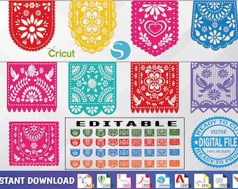 May include: A set of 32 editable digital files for creating colorful paper banners with various floral and bird designs. The files are available in AI, COR, SVG, PDF, STUDIO, DXF, EPS, PNG, and PSD formats. The image also includes the text "READY TO CUT VECTOR DIGITAL FILE 100% QUALITY READY TO PRINT".