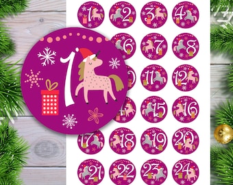 Advent Aufkleber für Kinder / Adventskalender Zahlen Aufkleber / pink/ rot / mit Einhörnern / Geschenktüten / Geschenke Adventskalender