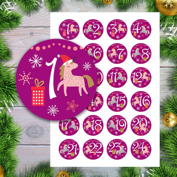 Advent Aufkleber für Kinder / Adventskalender Zahlen Aufkleber / pink/ rot / mit Einhörnern / Geschenktüten / Geschenke Adventskalender