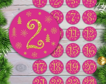 Adventskalender Aufkleber Zahlen Mädchen in Farben Pink und Gold  / Zahlenaufklebe / Geschenktüten Aufkleber / Advent Sticker